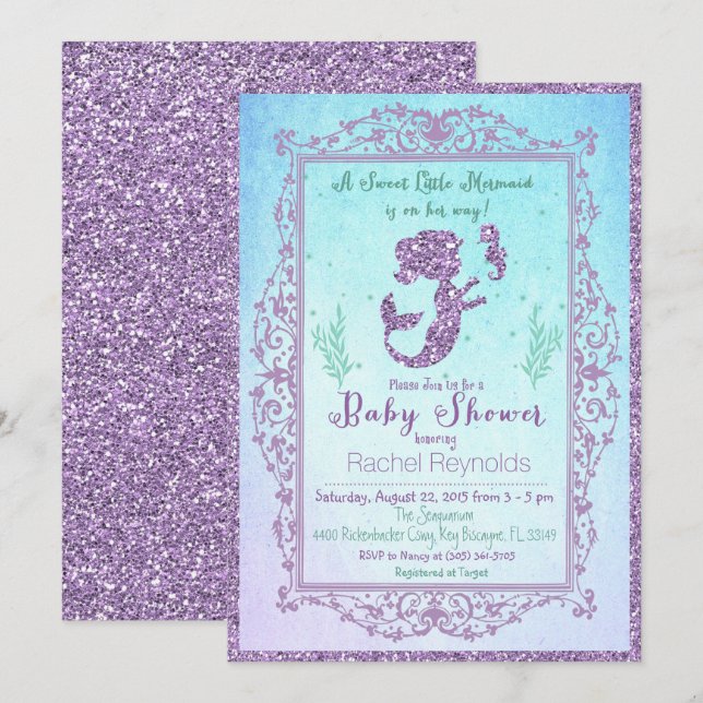 Sjöjungfru under inbjudan till Sea Baby Shower (Fram/baksida)