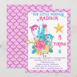 Sjöjungfru under Rosa Glitter Födelsedagsfesten vi Inbjudningar
