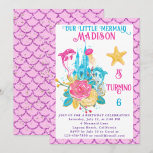 Sjöjungfru under Rosa Glitter Födelsedagsfesten vi Inbjudningar
