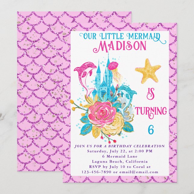 Sjöjungfru under Rosa Glitter Födelsedagsfesten vi Inbjudningar (Fram/baksida)