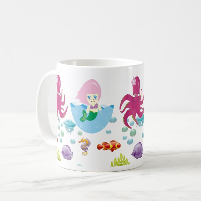 Sjöjungfru under Rosa och Octopus Oceanen Fantasy Kaffemugg (Framsida vänster)