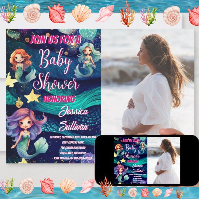 Sjöjungfru under Sea Galaxy Photo Baby Shower Inbjudningar (Mermaid Ocean Galaxy Baby Shower Invitation)