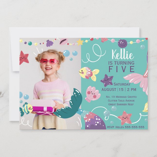 Sjöjungfru under Sea Girls Birthday Photo Lila Inbjudningar (Framsida)