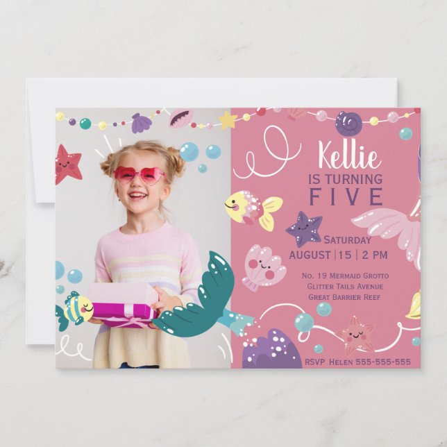 Sjöjungfru under Sea Girls Birthday Photo Rosa Inbjudningar (Framsida)