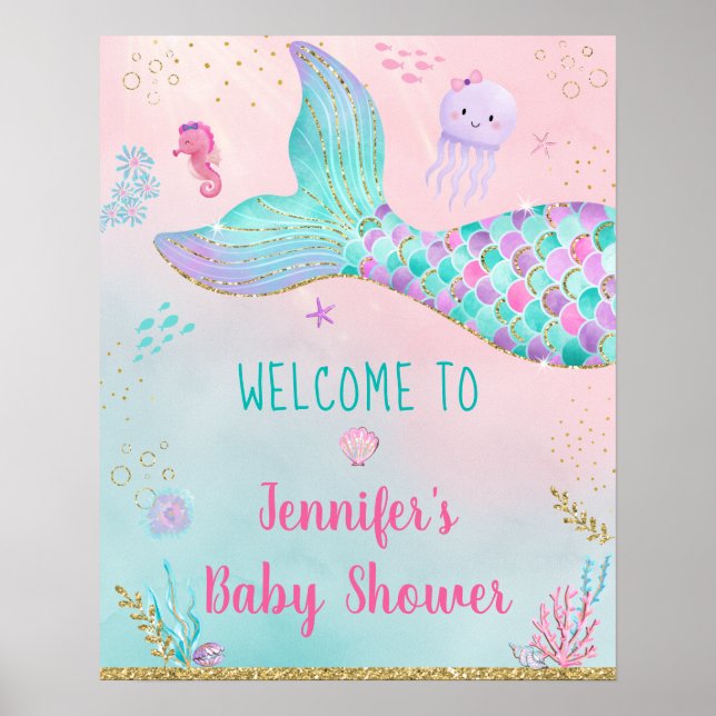 Sjöjungfru under Sea Guld Baby Shower Välkommen Poster (Framsidan)