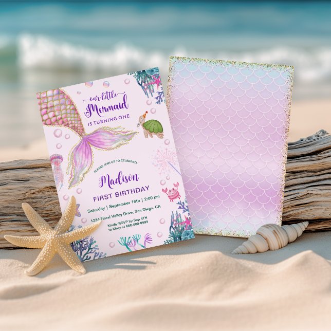 Sjöjungfru under sjön 1:a födelsedag Party Inbjudningar (Little mermaid 1st birhtday party invitation)
