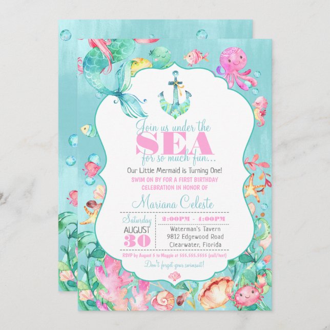 Sjöjungfru under sjöns nautiska första födelsedag inbjudningar (Fram/baksida)