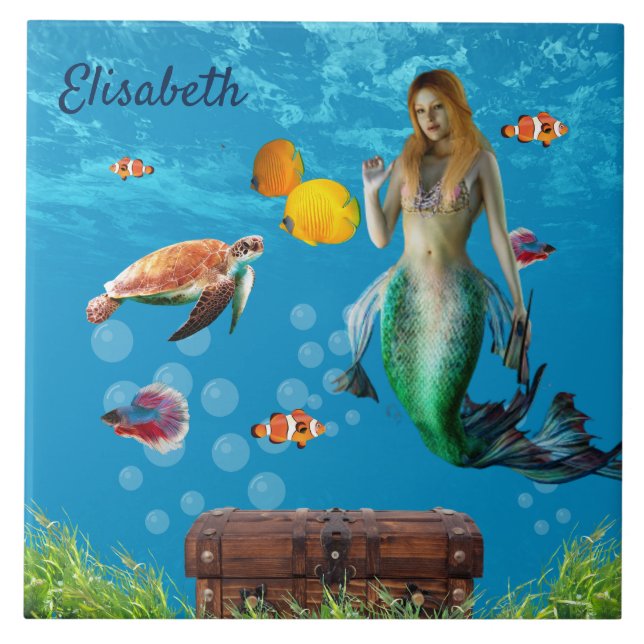 Sjöjungfru under vatten Treasure Hunt Fantasy Blue Kakelplatta (Framsidan)