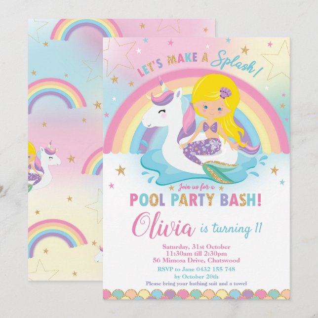 Sjöjungfru Unicorn Bassäng Party Birthday Blonde Inbjudningar (Fram/baksida)