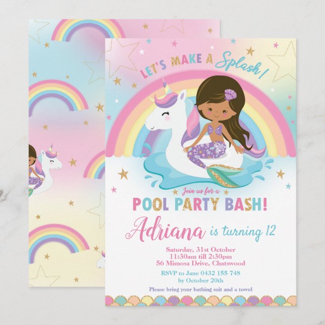 Sjöjungfru Unicorn Bassäng Party Birthday Tan Skin Inbjudningar (Fram/baksida)