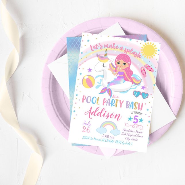 Sjöjungfru Unicorn Bassäng Party födelsedag Inbjudningar (Skapare uppladdad)