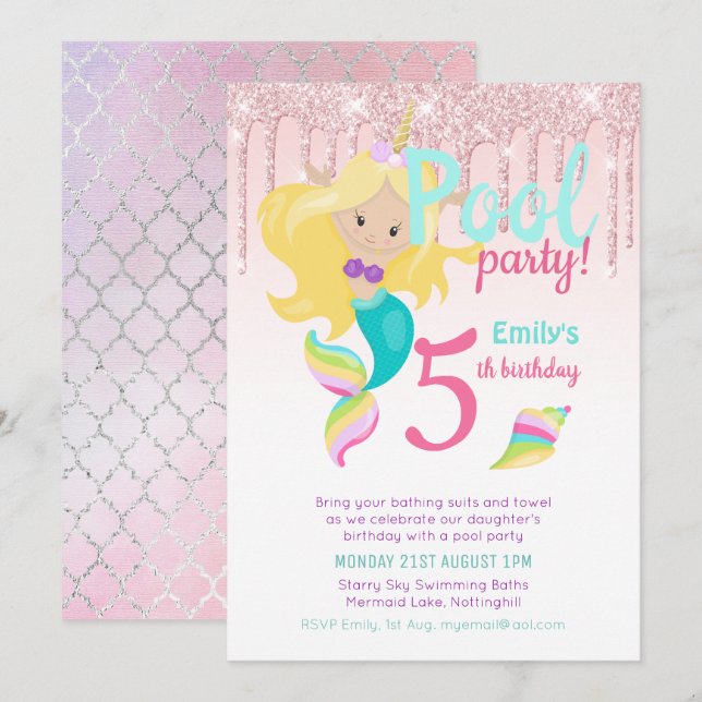 Sjöjungfru Unicorn Bassäng Party Rosa Blue Girl Inbjudningar (Fram/baksida)