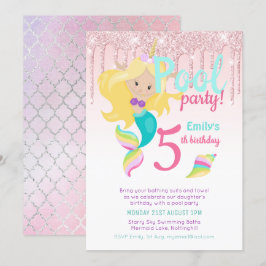 Sjöjungfru Unicorn Bassäng Party Rosa Blue Girl Inbjudningar