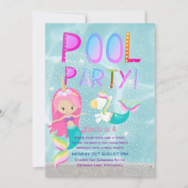 Sjöjungfru Unicorn BASSÄNG Party Rosa Glitter Girl Inbjudningar