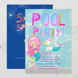 Sjöjungfru Unicorn BASSÄNG Party Rosa Glitter Girl Inbjudningar