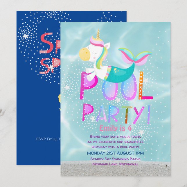 Sjöjungfru Unicorn BASSÄNG Party Rosa Glitter Girl Inbjudningar (Fram/baksida)