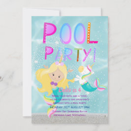 Sjöjungfru Unicorn BASSÄNG Party Rosa Glitter Girl Inbjudningar
