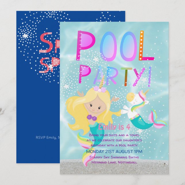 Sjöjungfru Unicorn BASSÄNG Party Rosa Glitter Girl Inbjudningar (Fram/baksida)