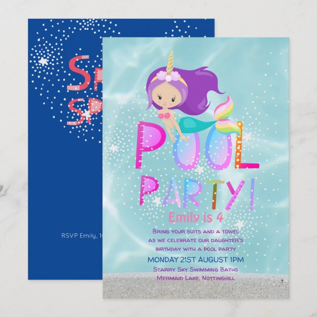 Sjöjungfru Unicorn BASSÄNG Party Rosa Glitter Girl Inbjudningar (Fram/baksida)