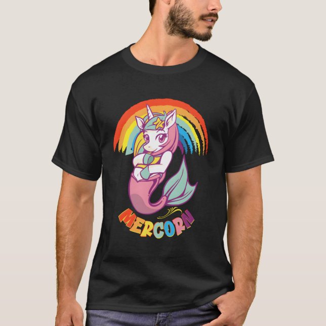 Sjöjungfru Unicorn Mercorn med färgstark regnbåge T Shirt (Framsida)
