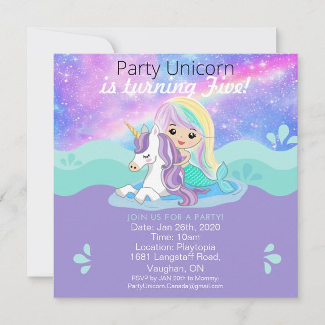 Sjöjungfru + Unicorn Party-inbjudan Spara Datumet (Framsida)