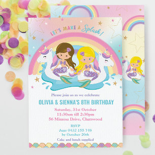 Sjöjungfru Unicorn Rainbow Bassäng Party Twillinga Inbjudningar