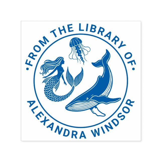 Sjöjungfru, val, maneter Bibliotek Bok Namn Självfärgande Stämpel (Design)