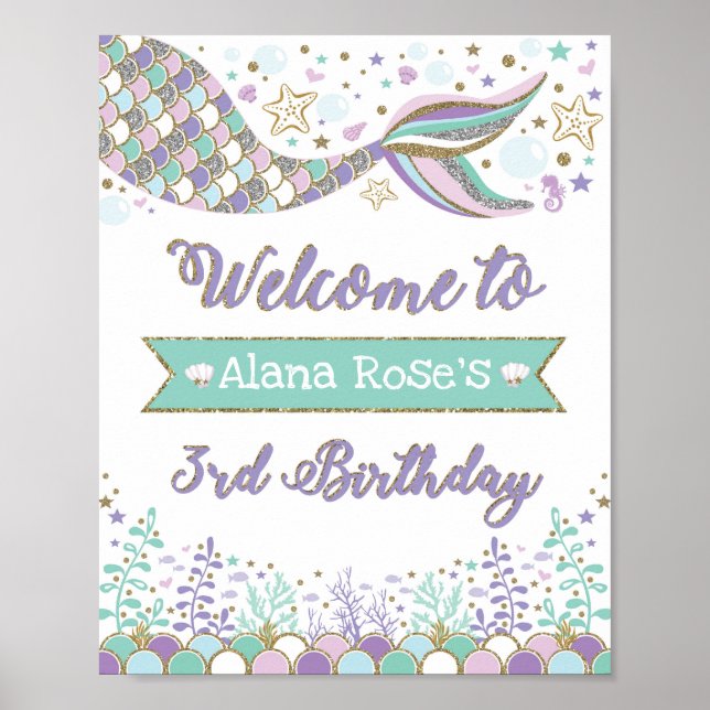 Sjöjungfru Välkommen Poster 3:e födelsedag Bassäng (Framsidan)
