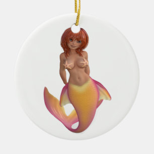 Sjöjungfru vatten med gult och rosa svan julgransprydnad keramik