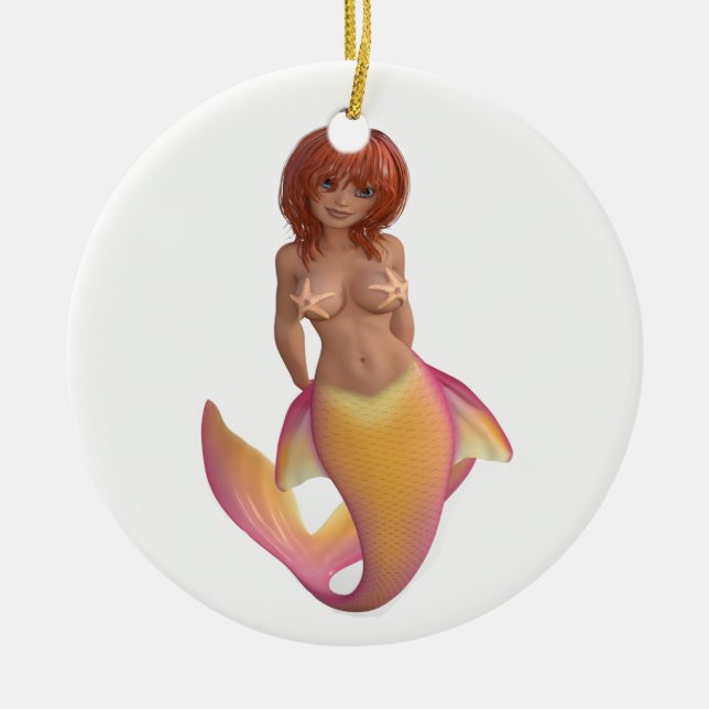 Sjöjungfru vatten med gult och rosa svan julgransprydnad keramik (Framsidan)