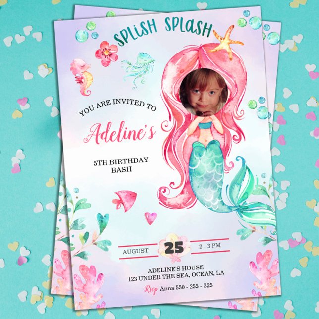 Sjöjungfru Vattenfärg Lägg till foto från födelsed Inbjudningar (mermaid birthday creative cute add your own photo face girl party invitations)