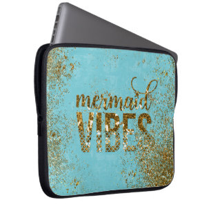 Sjöjungfru Vibes-Guld Glitter Typografi på Teal Laptop Fodral