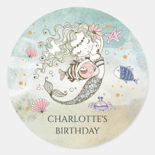 Sjöjungfru Watercolor Birthday Sticker Runt Klistermärke