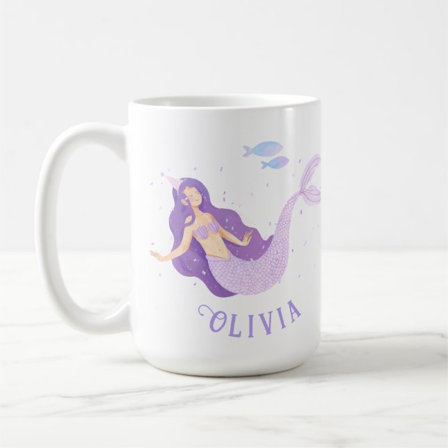 Sjöjungfru Watercolor Lila Cute Girl Birthday Kaffemugg (Vänster)