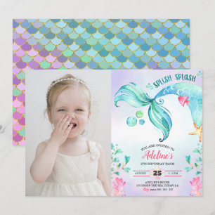 Sjöjungfru Watercolor Splish Stänk Birthday Photo Inbjudningar