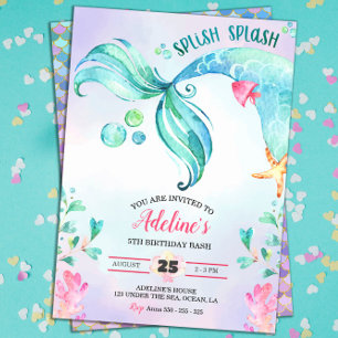 Sjöjungfru Watercolor Splish Stänk Cute Birthday Inbjudningar
