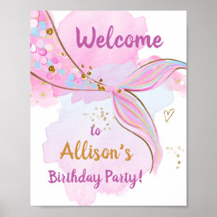 Sjöjungfru Watercolor Svan Rosa Girl Birthday Välk Poster