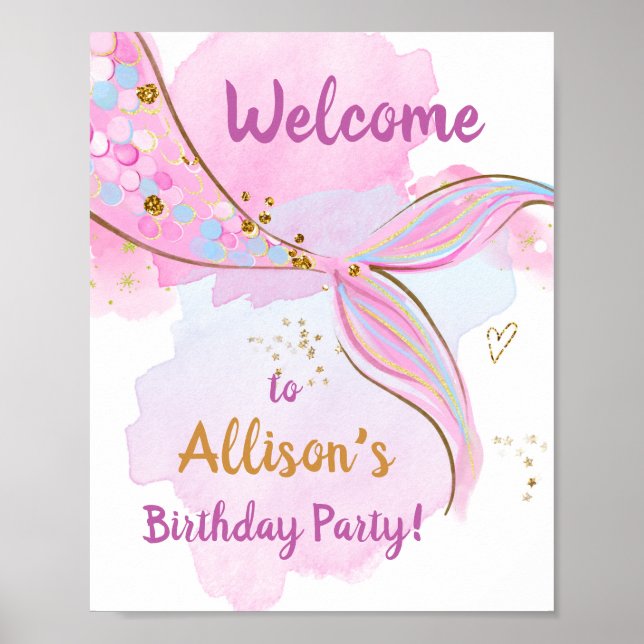 Sjöjungfru Watercolor Svan Rosa Girl Birthday Välk Poster (Framsidan)