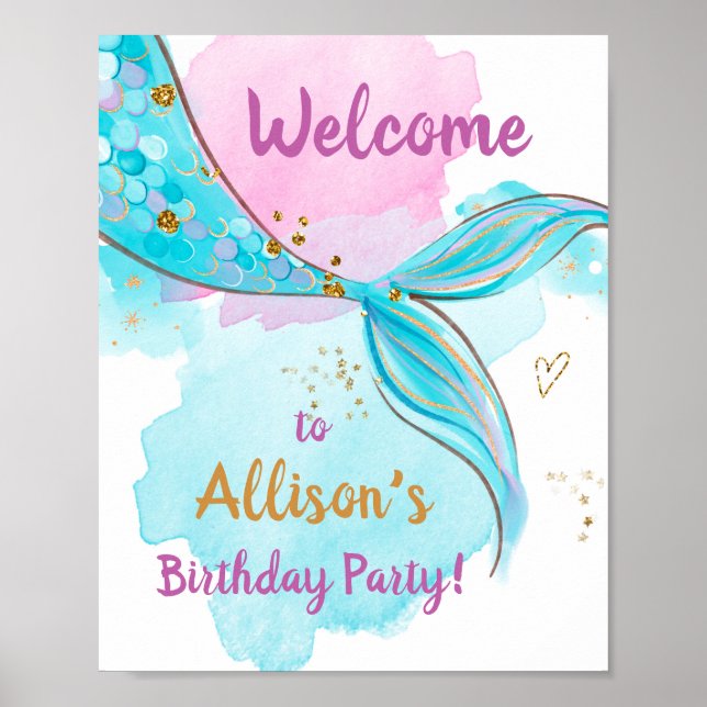 Sjöjungfru Watercolor Svan Teal Girl Birthday Välk Poster (Framsidan)