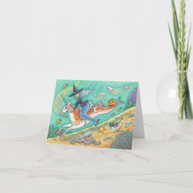 SJÖJUNGFRU WITCH, HALLOWEEN MERHORSE NOTE CARD Bla Kort (Framsida)