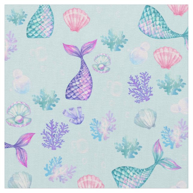 Sjöjungfruar Dream på Pastel Blue Tyg (Närbild)