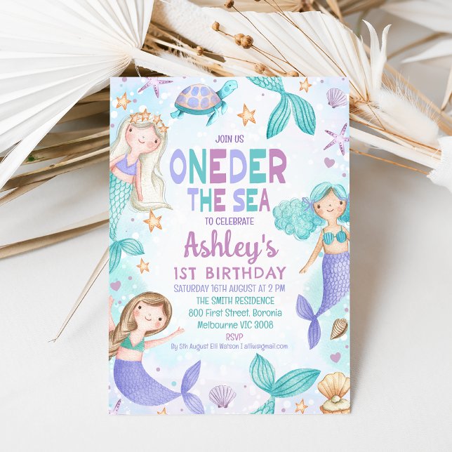 Sjöjungfruar för Lila 1:a födelsedag Inbjudningar (Editable Mermaid Oneder the Sea Birthday Party Invitation, Instant Mermaid 1st Birthday invite, )