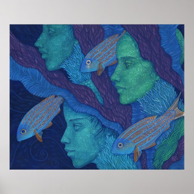 Sjöjungfruar och fisk, surrealistisk fantasi, unde poster (Framsidan)