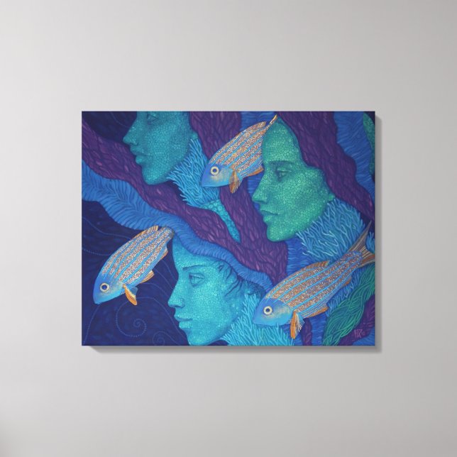Sjöjungfruar och fisk, surrealistisk fantasykonst, canvastryck (Framsida)