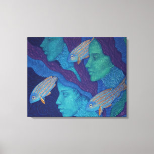 Sjöjungfruar och fisk, surrealistisk fantasykonst, canvastryck
