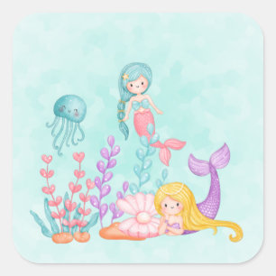 Sjöjungfruar och maneter under havsvattenfärgsklas fyrkantigt klistermärke