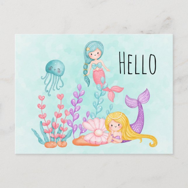Sjöjungfruar och maneter under havsvattnets färg vykort (Framsida)