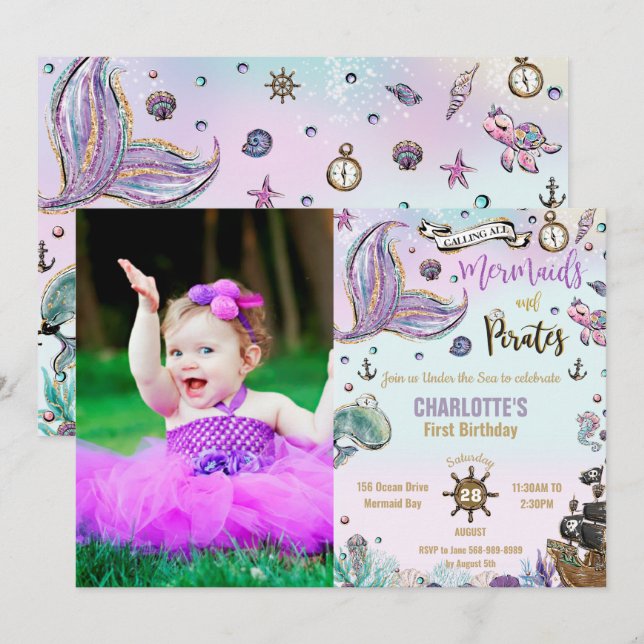 Sjöjungfruar och Pirater 1:a gemensamma födelsedag Inbjudningar (Fram/baksida)
