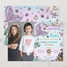 Sjöjungfruar och Pirater Joint Birthday Ocean Phot Inbjudningar