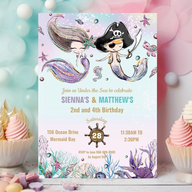Sjöjungfruar och Pirater Twillingar Syskon Inbjudningar (whimsical-brunette-mermaid-and-pirate-under-the-sea-pool-birthday-party-twins-joint-invitation-cards)